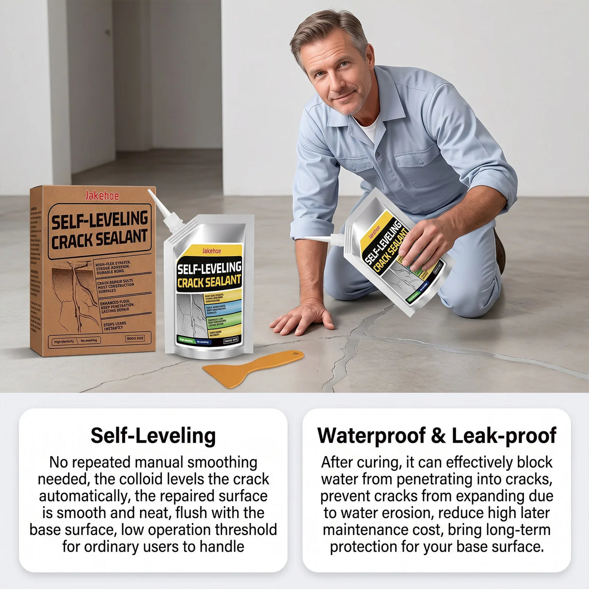 A man demonstrates the self-leveling crack sealant product on a concrete surface.