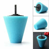 A teal foam cone kit with a black drill attachment for automotive detailing and wheel polishing.