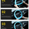 Three steps showing the installation and adjustment of a blue silicone steering wheel cover on a car's steering wheel.
