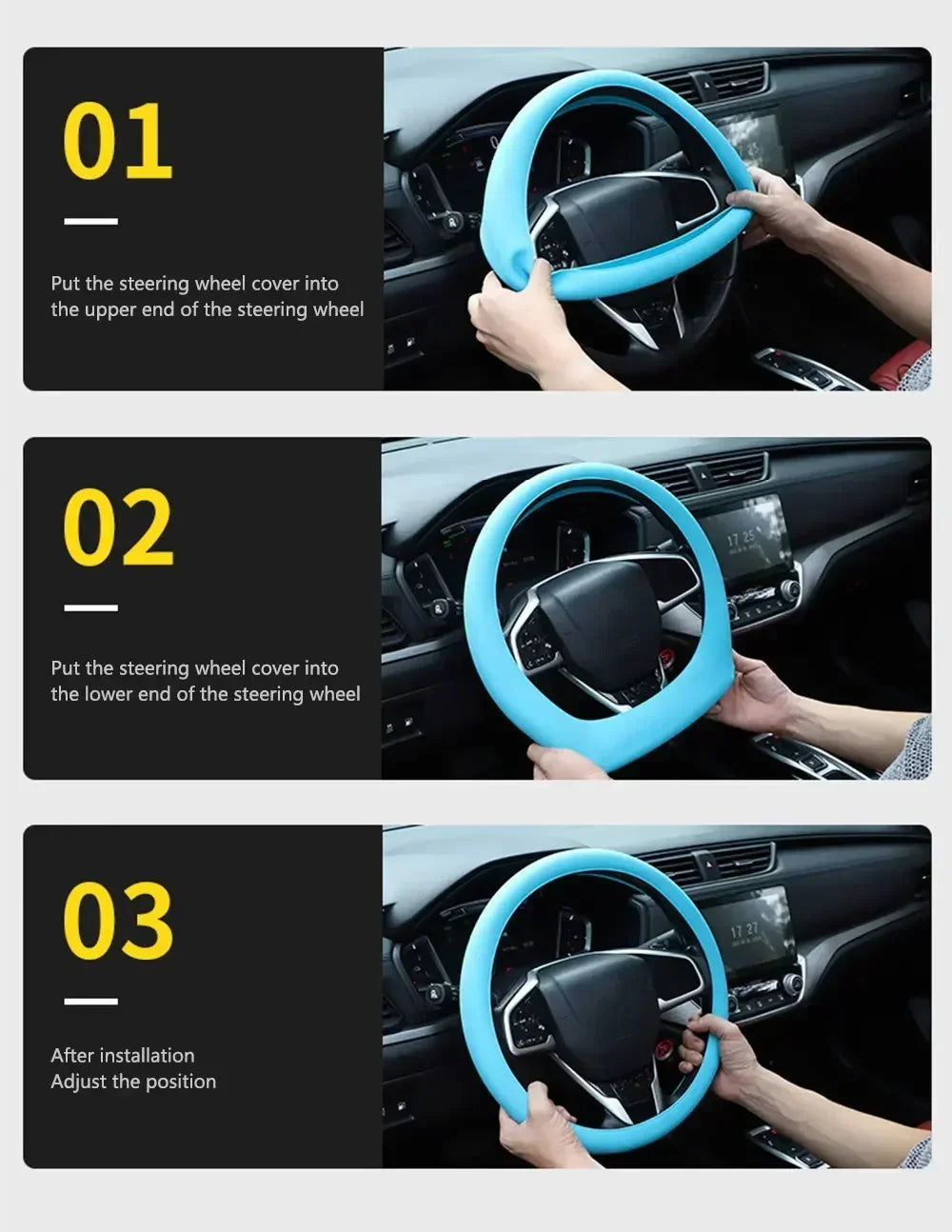 Three steps showing the installation and adjustment of a blue silicone steering wheel cover on a car's steering wheel.