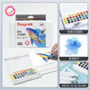 A set of 48 watercolor paint colors and water brush pens displayed in packaging and an open palette.