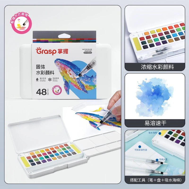 A set of 48 watercolor paint colors and water brush pens displayed in packaging and an open palette.