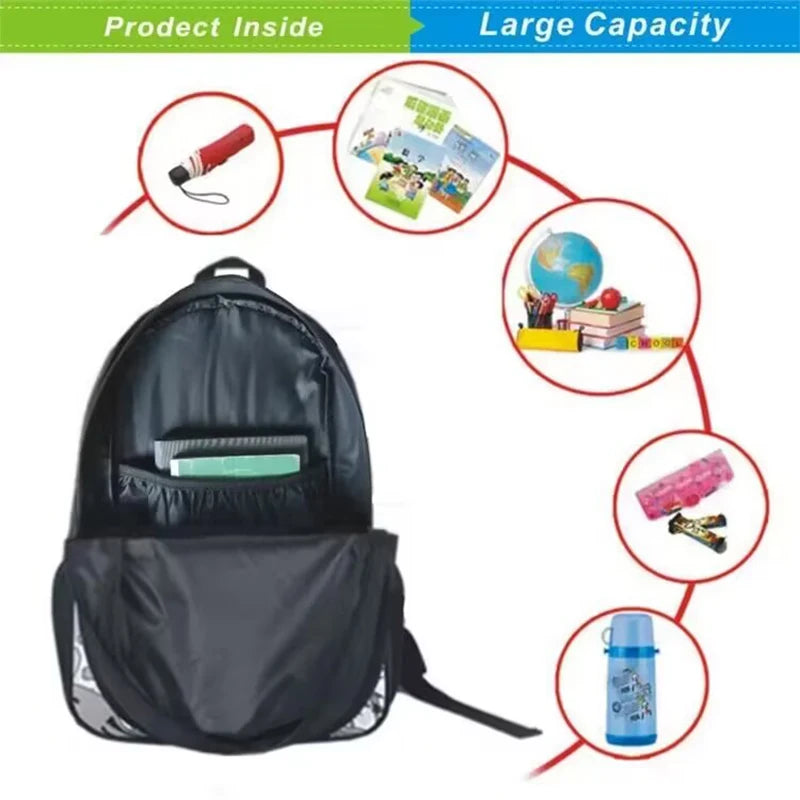 Black kids basketball backpack set featuring a lunch bag and pencil case with various accessories.