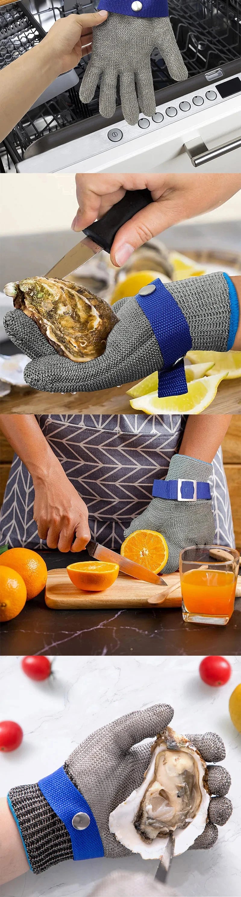 A hand wearing a stainless steel cut-resistant safety glove is holding a cleaned oyster shell.