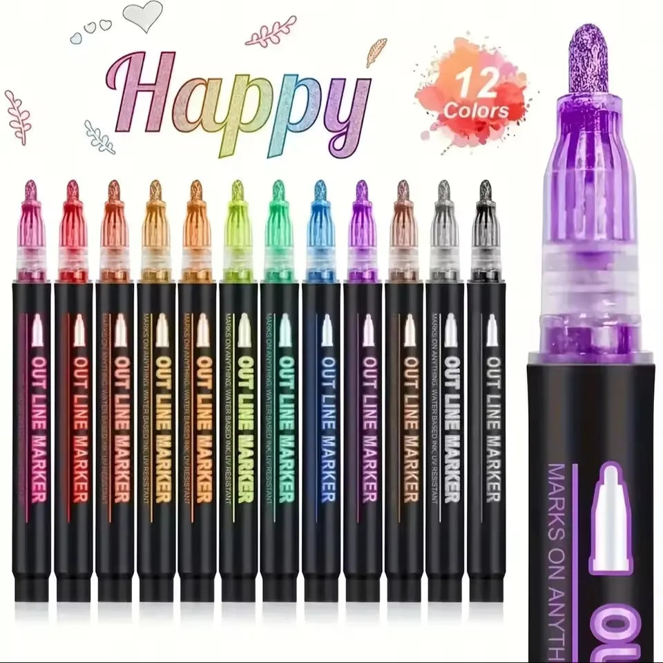 Double Line Outline Pens with Metallic Glitter (Set of 8)
