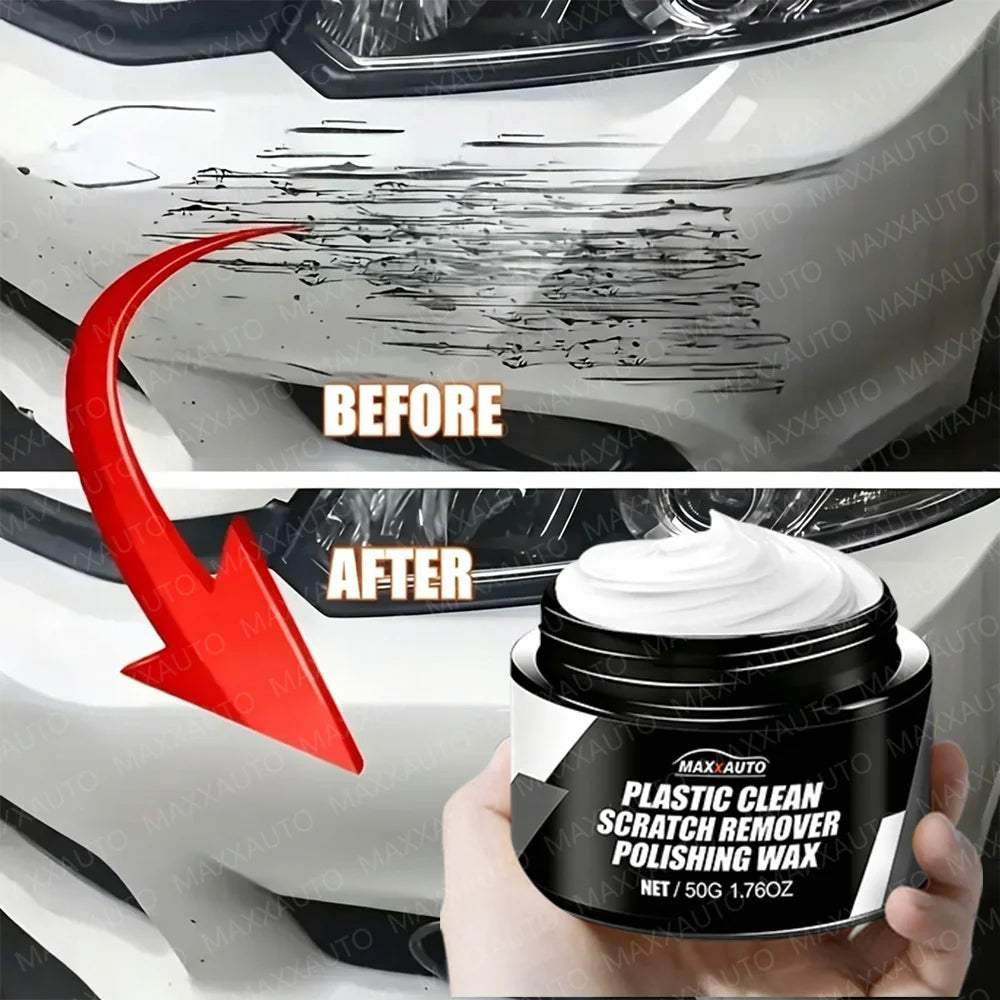 Before and after comparison showing plastic clean scratch remover polishing wax on a car surface