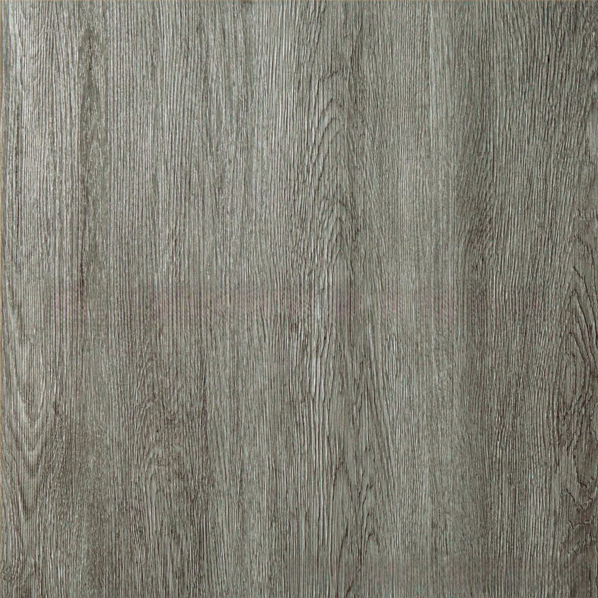 Close-up texture of gray wood grain vinyl flooring tiles with vertical grain lines.