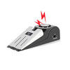A black portable door stopper alarm with a wedge design and sensitivity settings, showing a lightning bolt symbol.