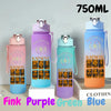 A collection of 750ml portable sports water bottles in pink, purple, green, and blue colors.