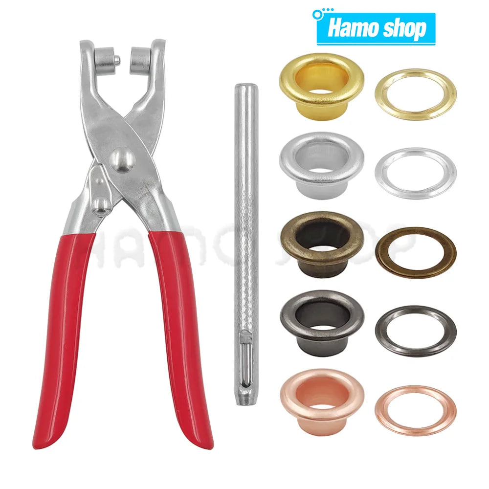 A set of metal eyelet and grommet pliers, including various sized rings and a long rod.