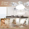 Three speed wind remote control LED ceiling fan with dimming and color changing lights shown above a sofa.