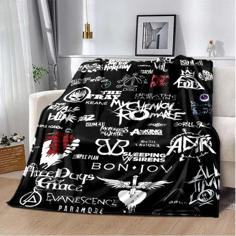 Black fleece throw blanket featuring My Chemical Romance band graphics and skulls