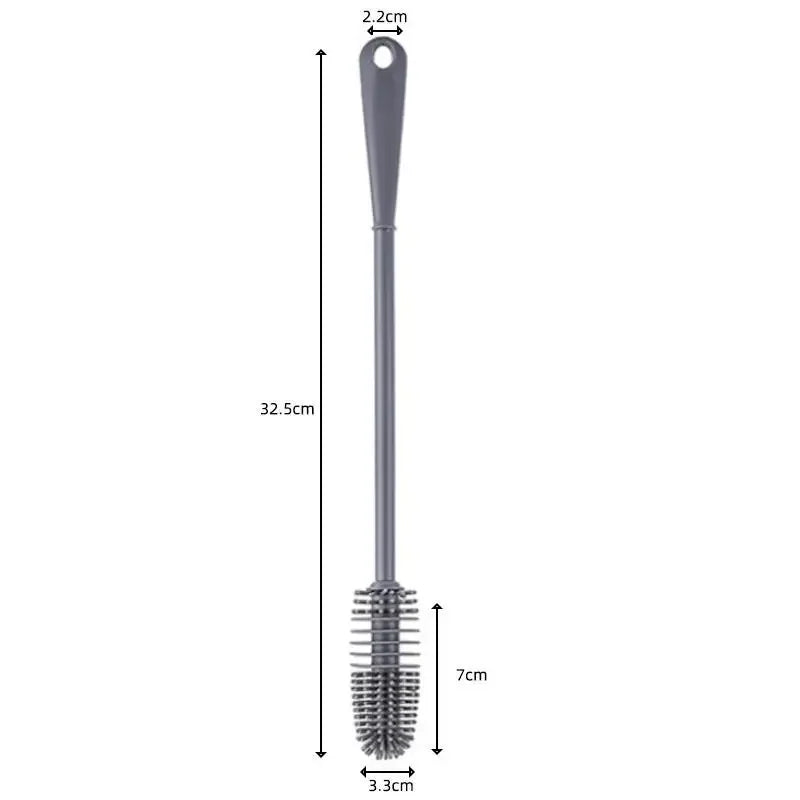 A long silicone bottle brush with a handle and bristles for cleaning glassware and thermoses.