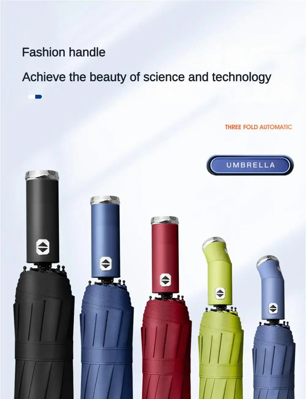 A collection of three-fold umbrellas in various colors including black, blue, red, green, and silver.