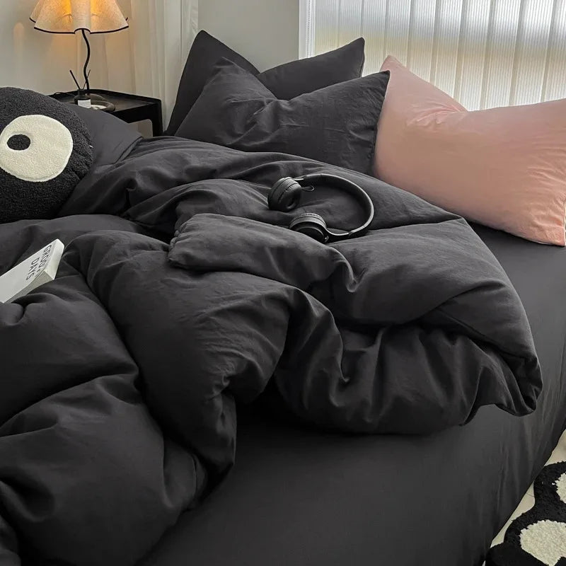 Solid Black Microfiber Duvet Cover Set with Pillowcases
