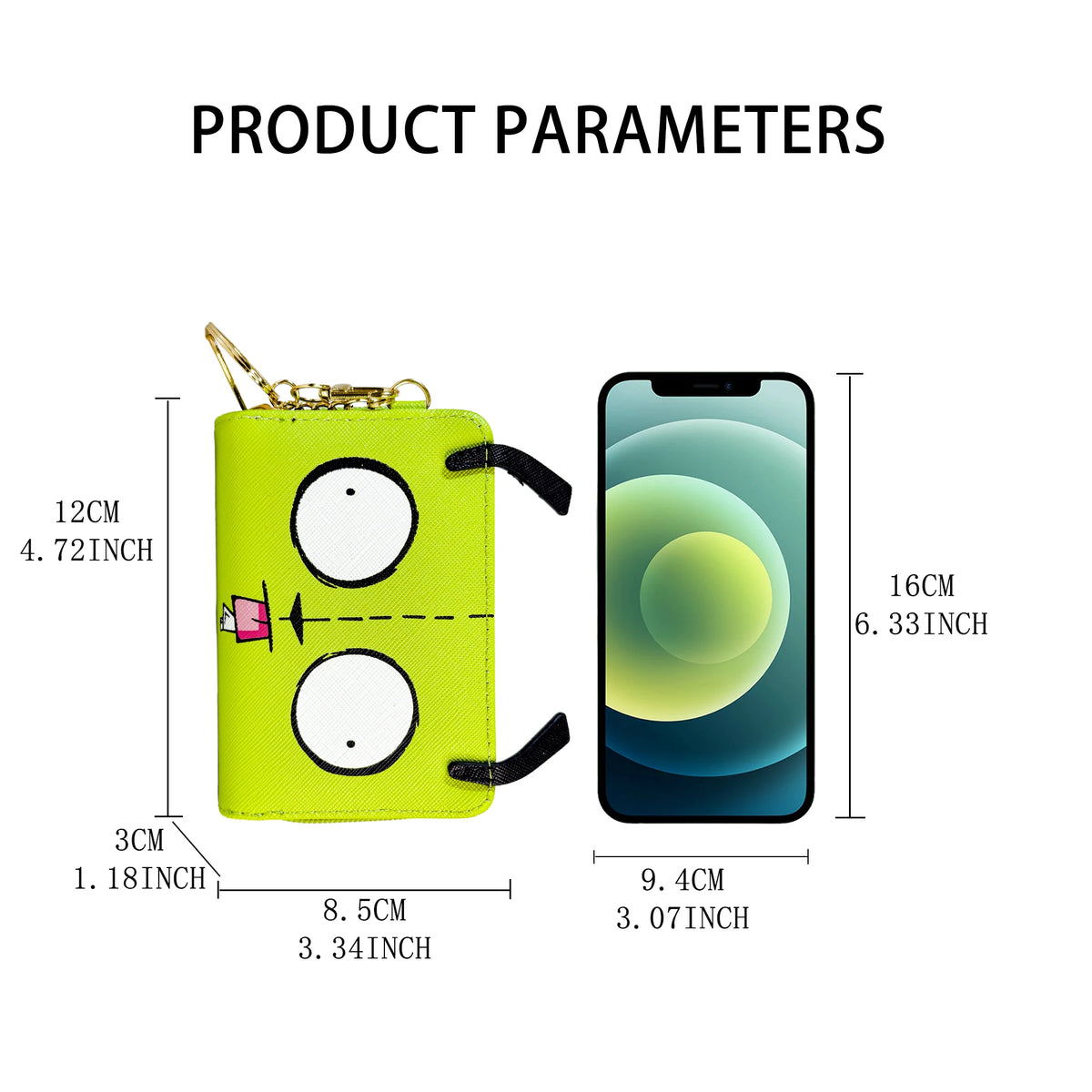 A yellow cartoon print compact wallet with a keychain, shown next to a smartphone for scale.