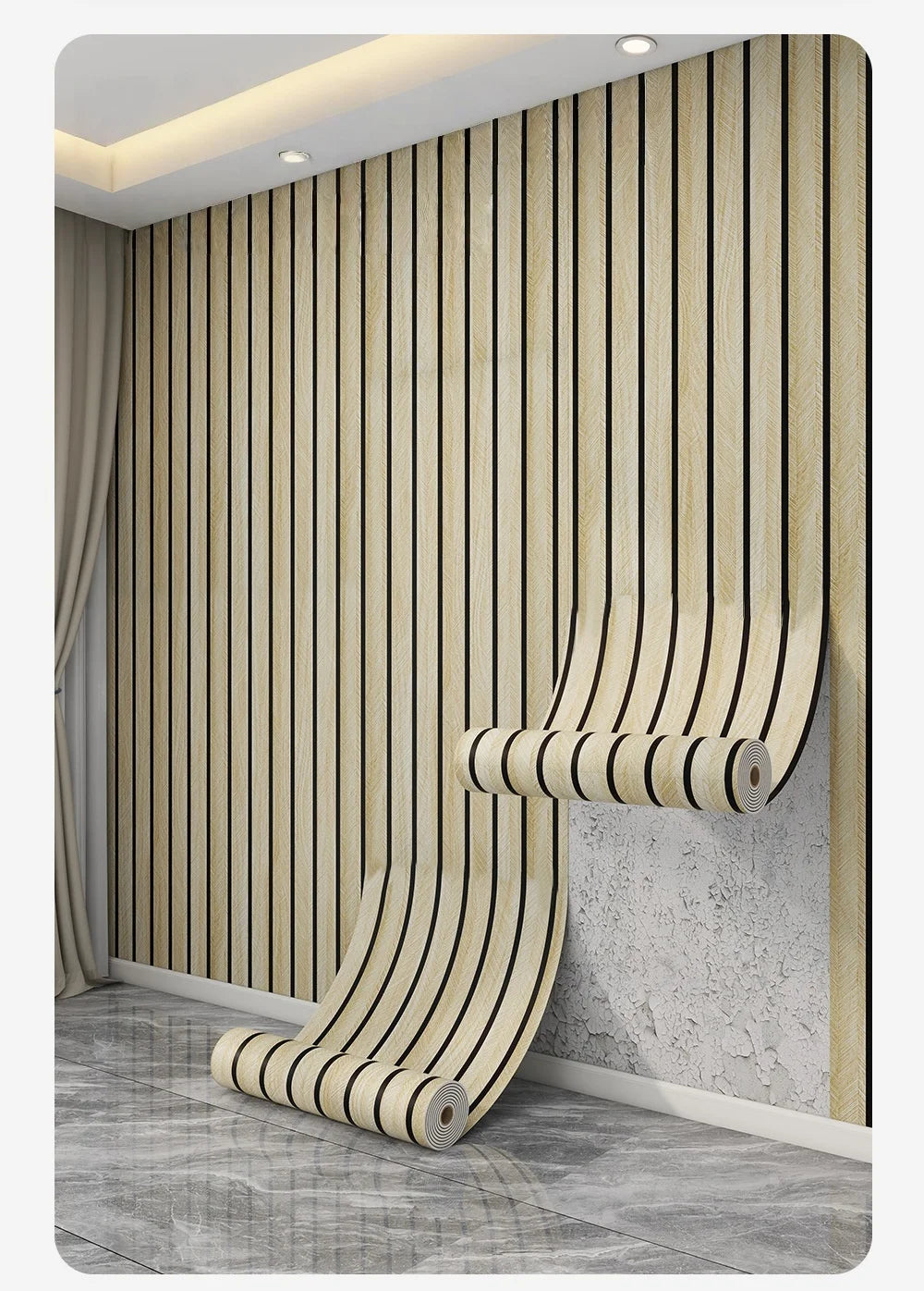 A vertical wall covered in light wood grain wallpaper featuring vertical stripes, with a rolled-up section visible.