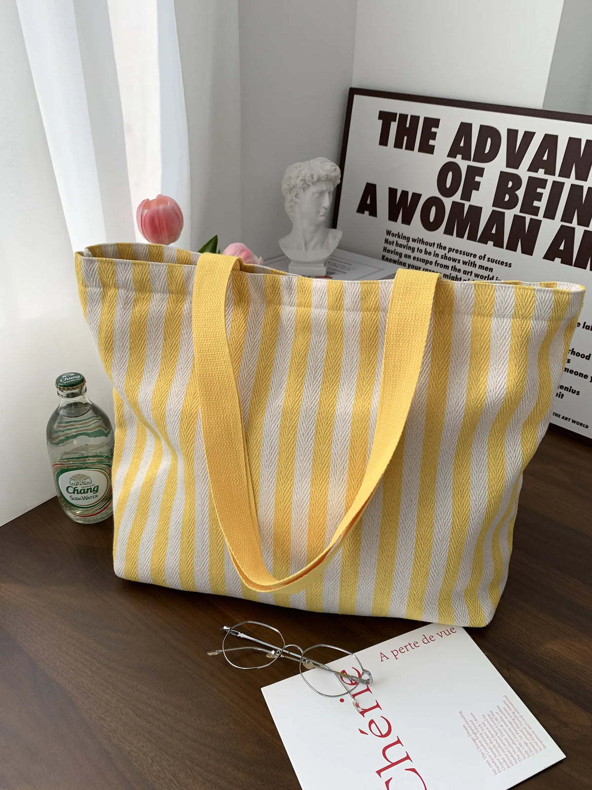 Striped Canvas Shoulder Tote Bag