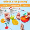 A set of twist-up washable crayons is shown in three activities: coloring, blending with water, and layering on an apple.