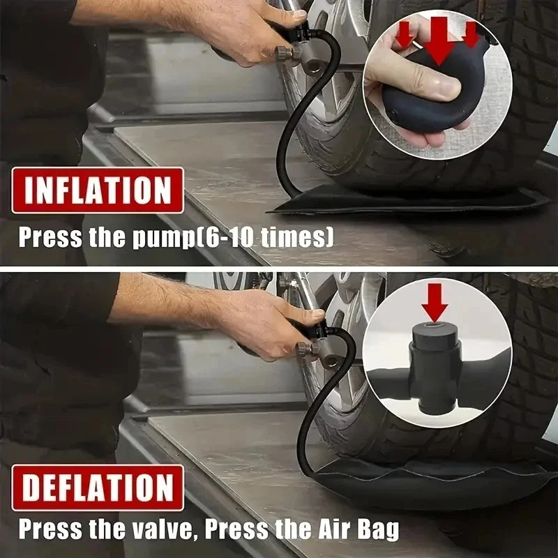 Demonstration of inflating and deflating an inflatable air wedge for car door and window repair.
