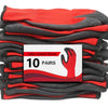 A stack of ten pairs of red and gray latex coated work gloves is shown.