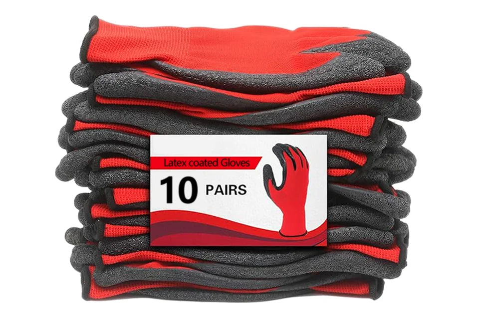 A stack of ten pairs of red and gray latex coated work gloves is shown.