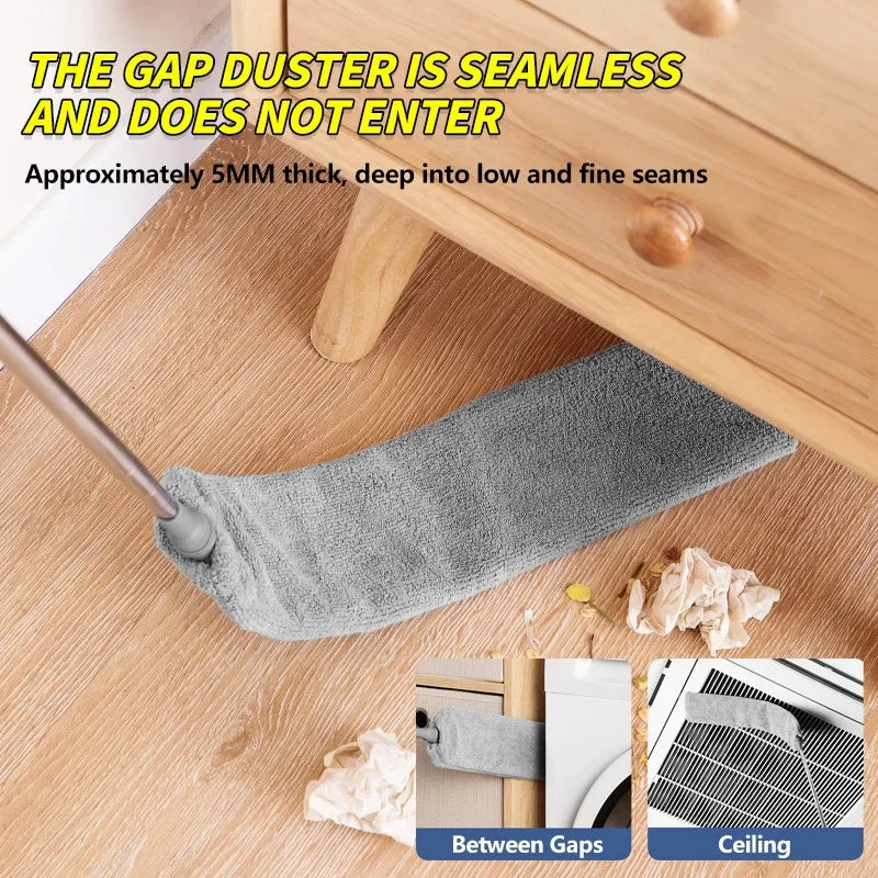 A gray microfiber duster is shown cleaning a wooden drawer, demonstrating its ability to reach deep into small seams and gaps