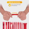 A set of red car trim removal tools and a storage bag shown being held by hands.