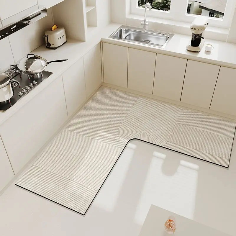 L-shaped crystal velvet kitchen mat with non-slip backing placed on a white kitchen floor.
