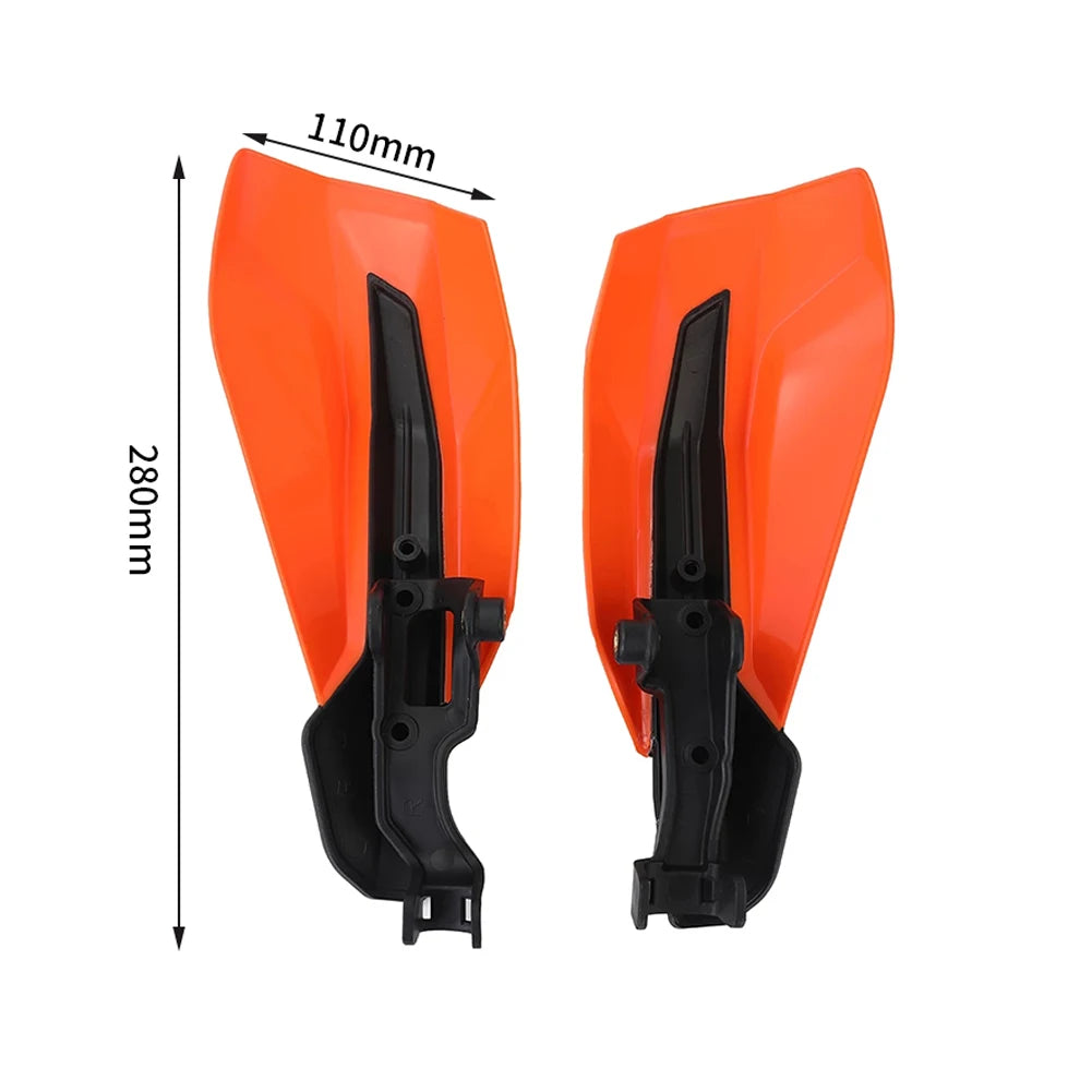 Orange motorcycle handguards with black aluminum alloy mounts shown in profile view