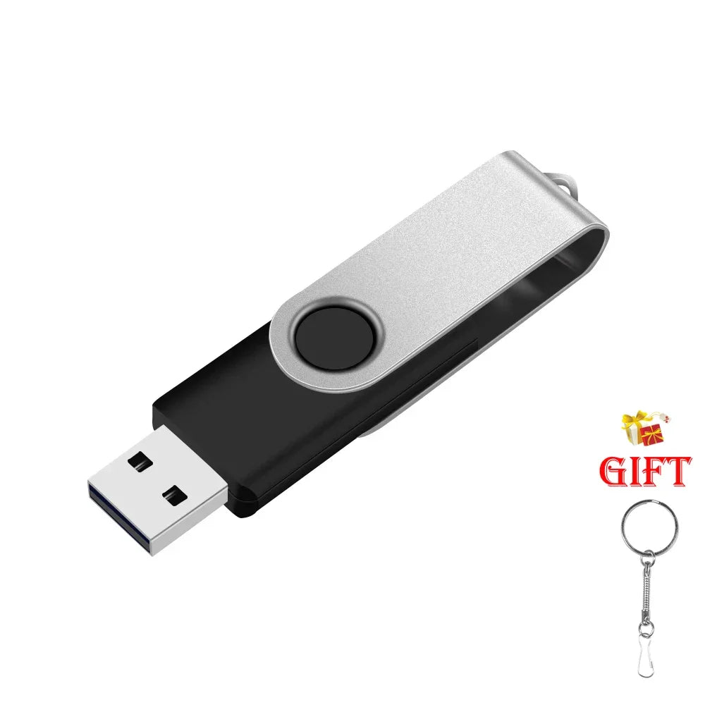 A silver and black portable USB 2.0 flash drive with a metal clip is shown.