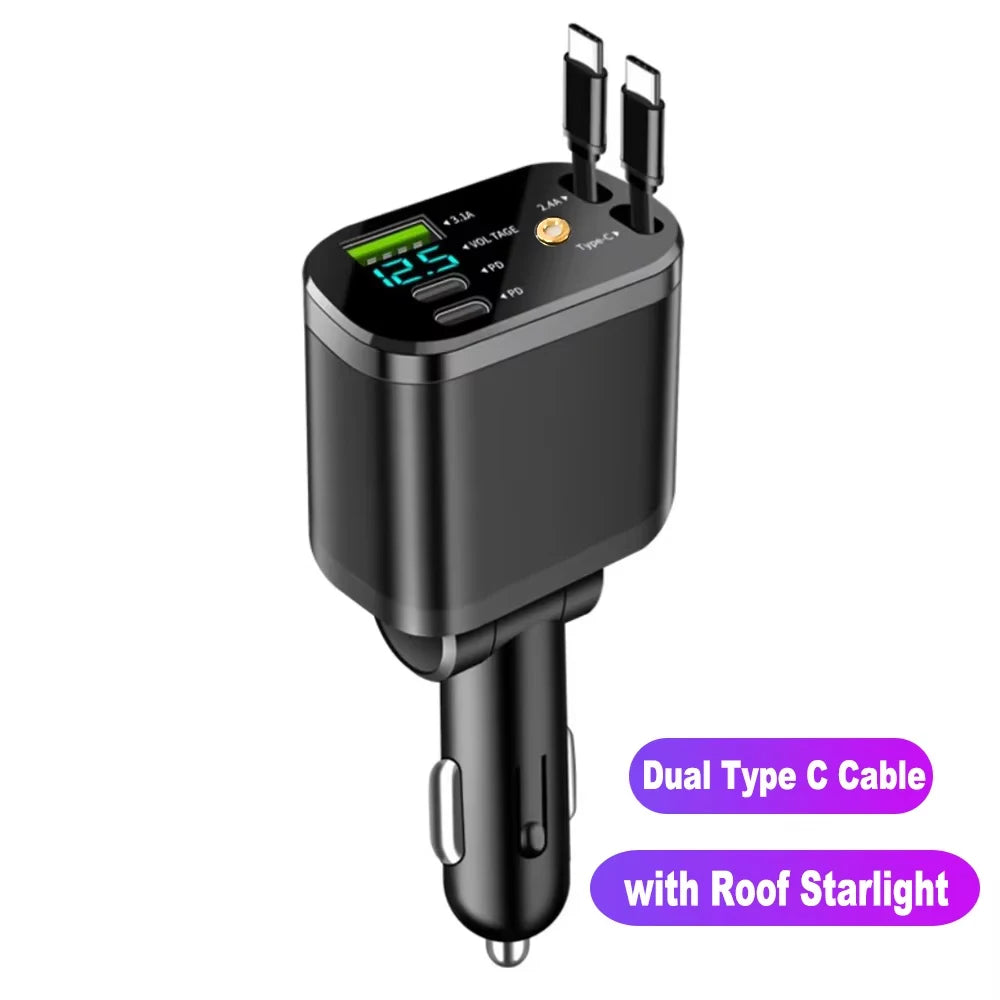 7-in-1 120W Car Charger with Retractable Cables and Digital Voltmeter