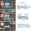 Diagrams showing the installation requirements and dimensions for adhesive baby proof cabinet locks.