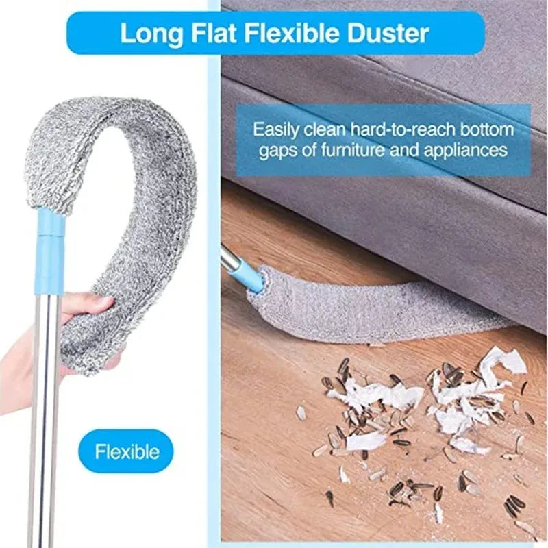 A long flat flexible duster with a telescopic handle is shown cleaning bottom gaps of furniture and appliances.