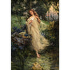An ethereal portrait of a woman in flowing white fabric standing by a stream in a lush, green forest setting.