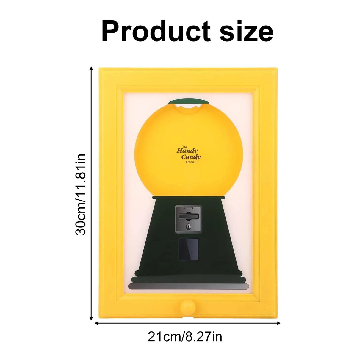 A yellow frame displaying a vintage rotating candy jar with a black dust cover.