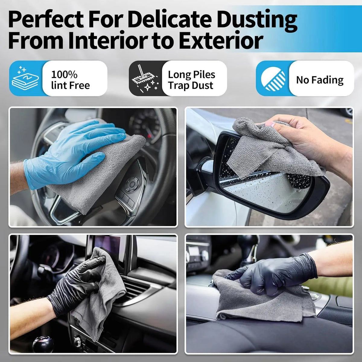 Hands wearing gloves are using a gray microfiber cloth to dust and clean the interior and exterior of a car.