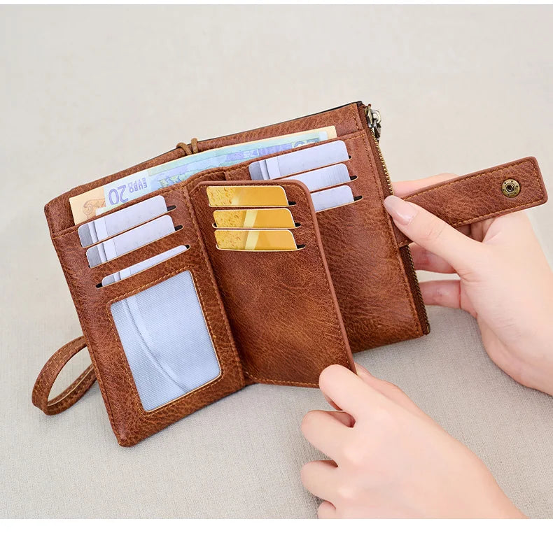 Vintage RFID-Blocking Triple-Fold Wallet with Double Zipper
