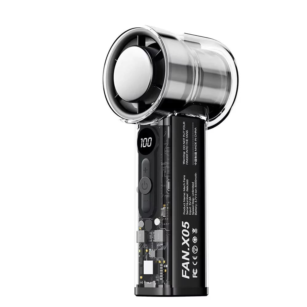 A black portable mecha-style handheld fan with a silver circular grille and control buttons.