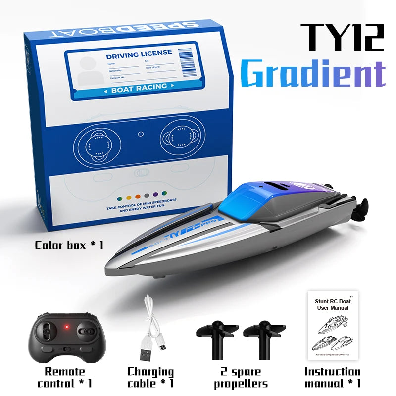 A kit for a TY12 Gradient high-speed RC speedboat including a box, remote control, charging cable, and two propellers.