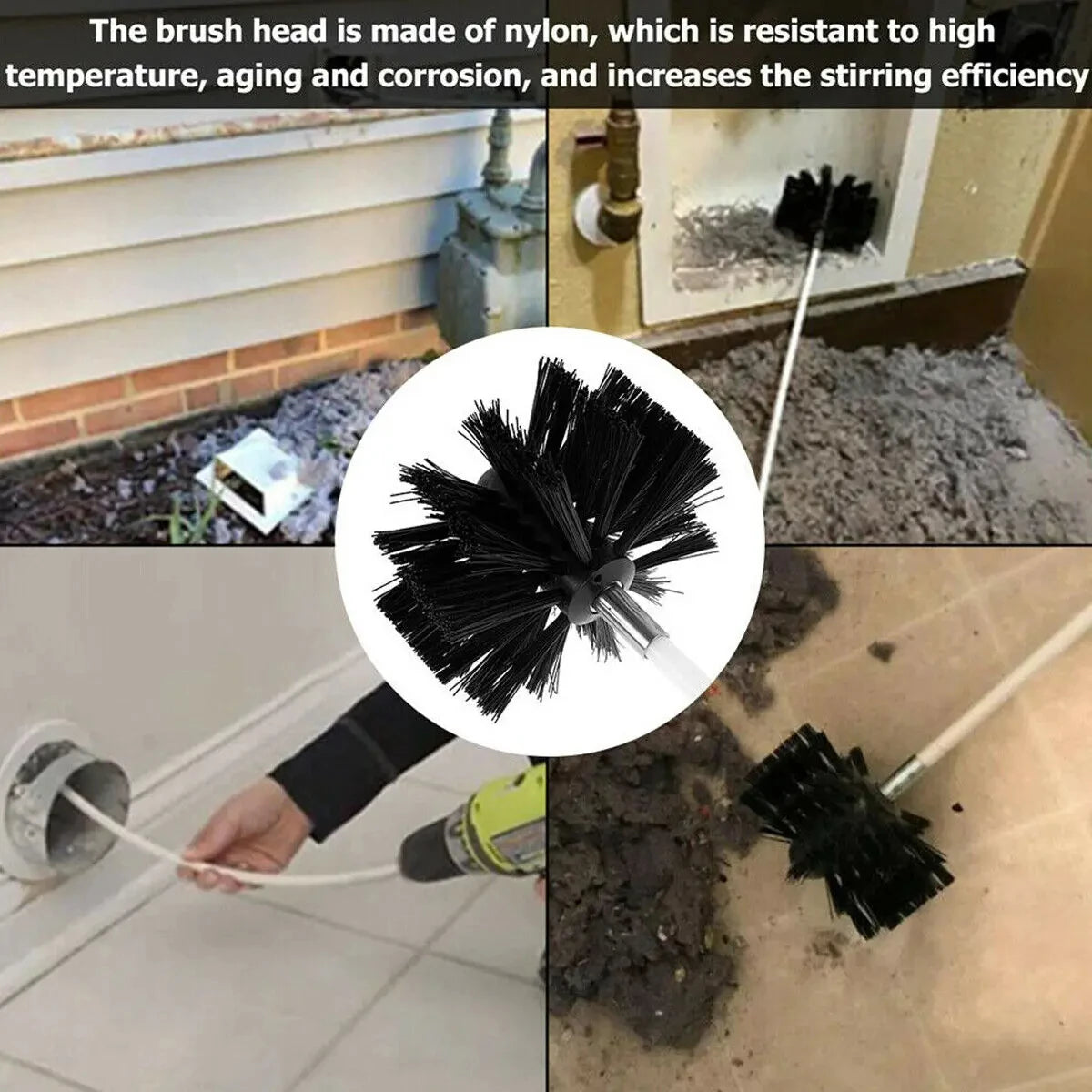 A black nylon brush head used for cleaning chimney and dryer vents.