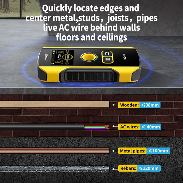 A handheld wall scanner device with a yellow casing is shown detecting various building materials like metal studs, joists, p