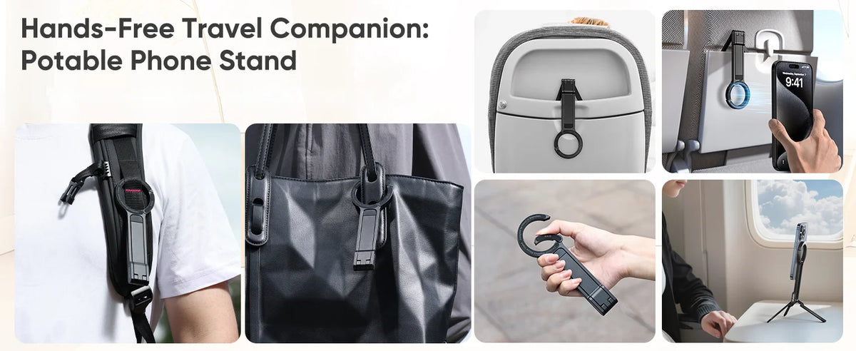 A portable phone stand featuring a magnetic clip and carabiner for hands-free travel.