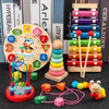 A collection of wooden puzzles including a number wheel, stacking rings, and a wooden elephant puzzle for toddlers.