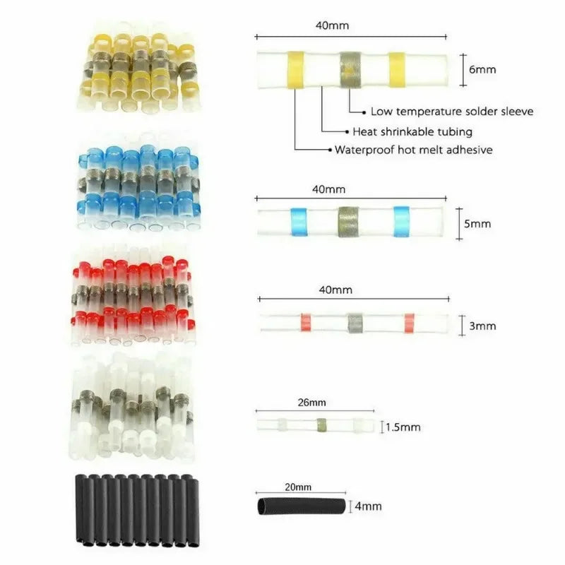Assortment of waterproof heat shrink solder wire connectors in various lengths and diameters