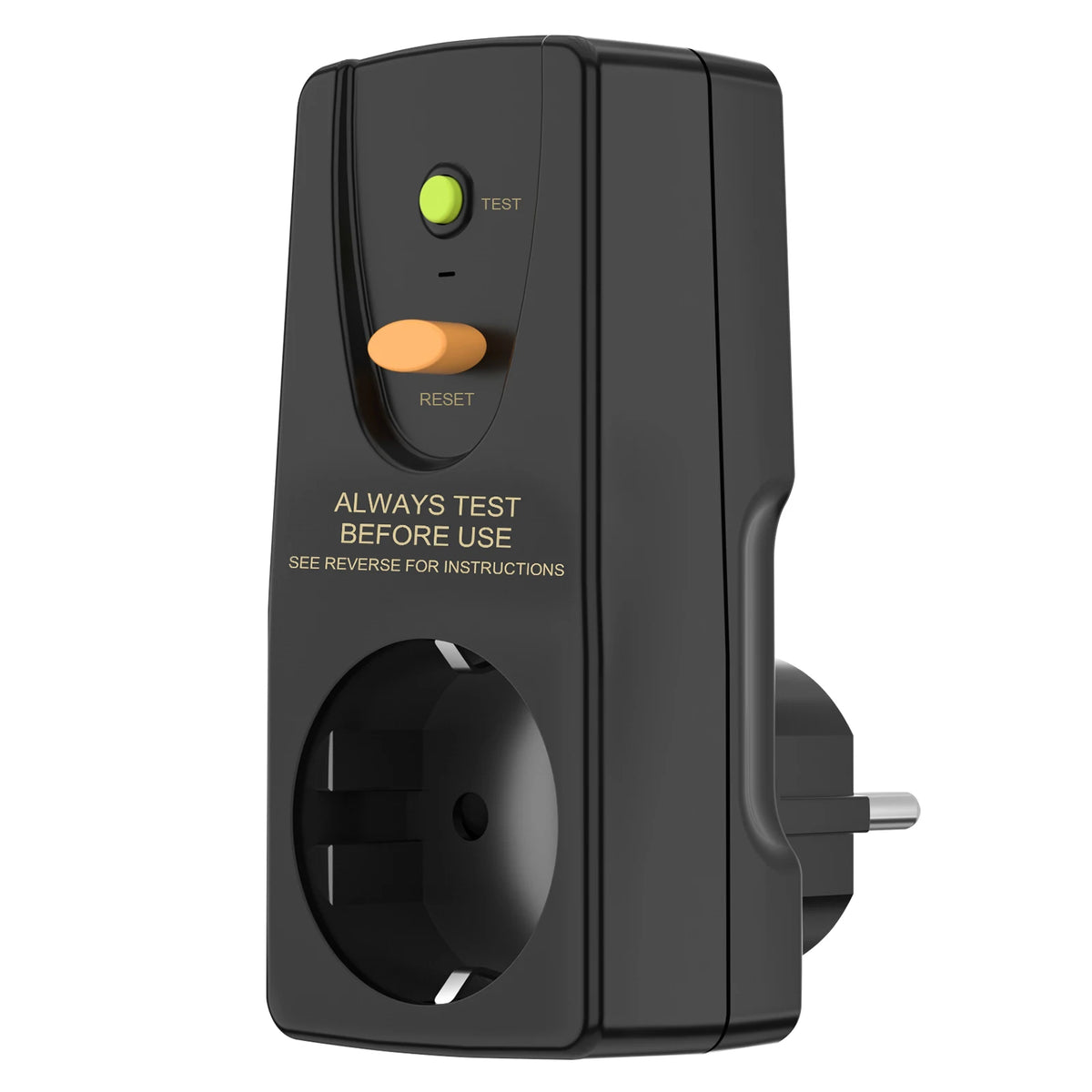 Prise de protection RCD EU 16A noire avec bouton de test et de réinitialisation.