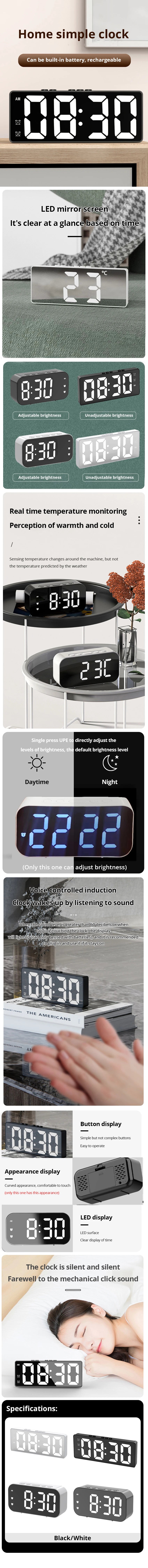 LED Mirror Digital Alarm Clock with Temperature Display