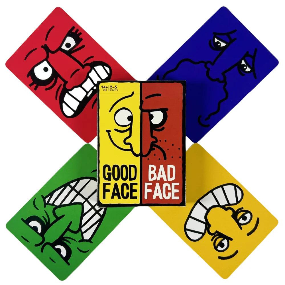 A set of five cards from the Good Face Bad Face card game featuring various facial expressions.