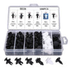 An assortment of 100 auto trim clips and fasteners with a remover tool packaged in a clear plastic box.