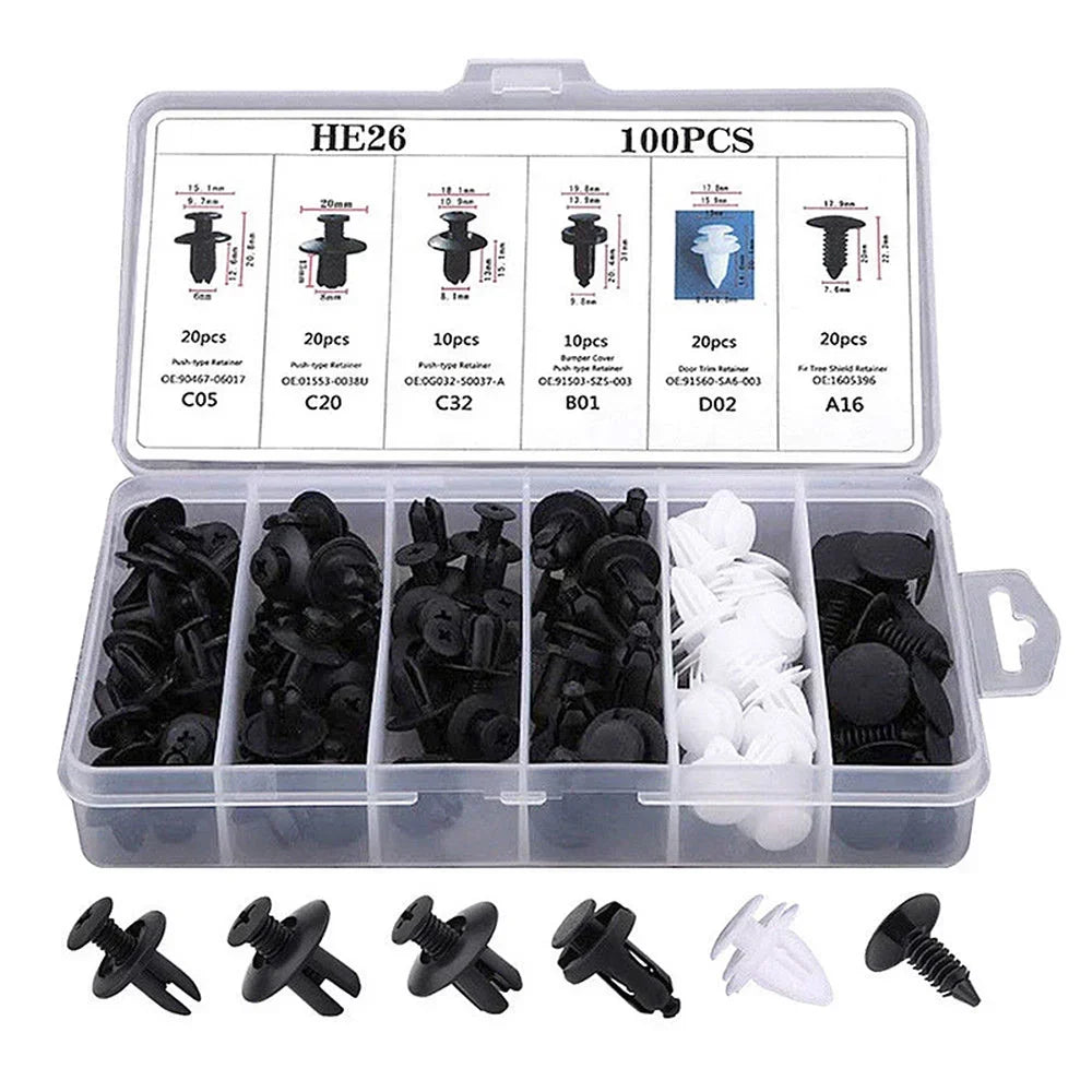 An assortment of 100 auto trim clips and fasteners with a remover tool packaged in a clear plastic box.